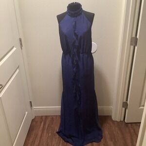 Vera‎ Wang White Navy Blue Ruffle Halter Neck Open Back Maxi Formal Gown Dress